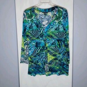 Michael Tyler Tunic Top Sz XXL Vibrant Abstract Semi-Sheer Button Up Boho Wild